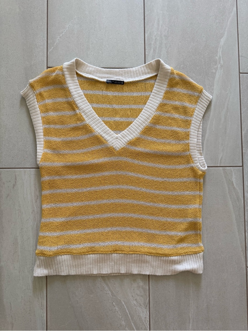 Zara Yellow White Striped Knit Sweater Vest V-Neck Size S